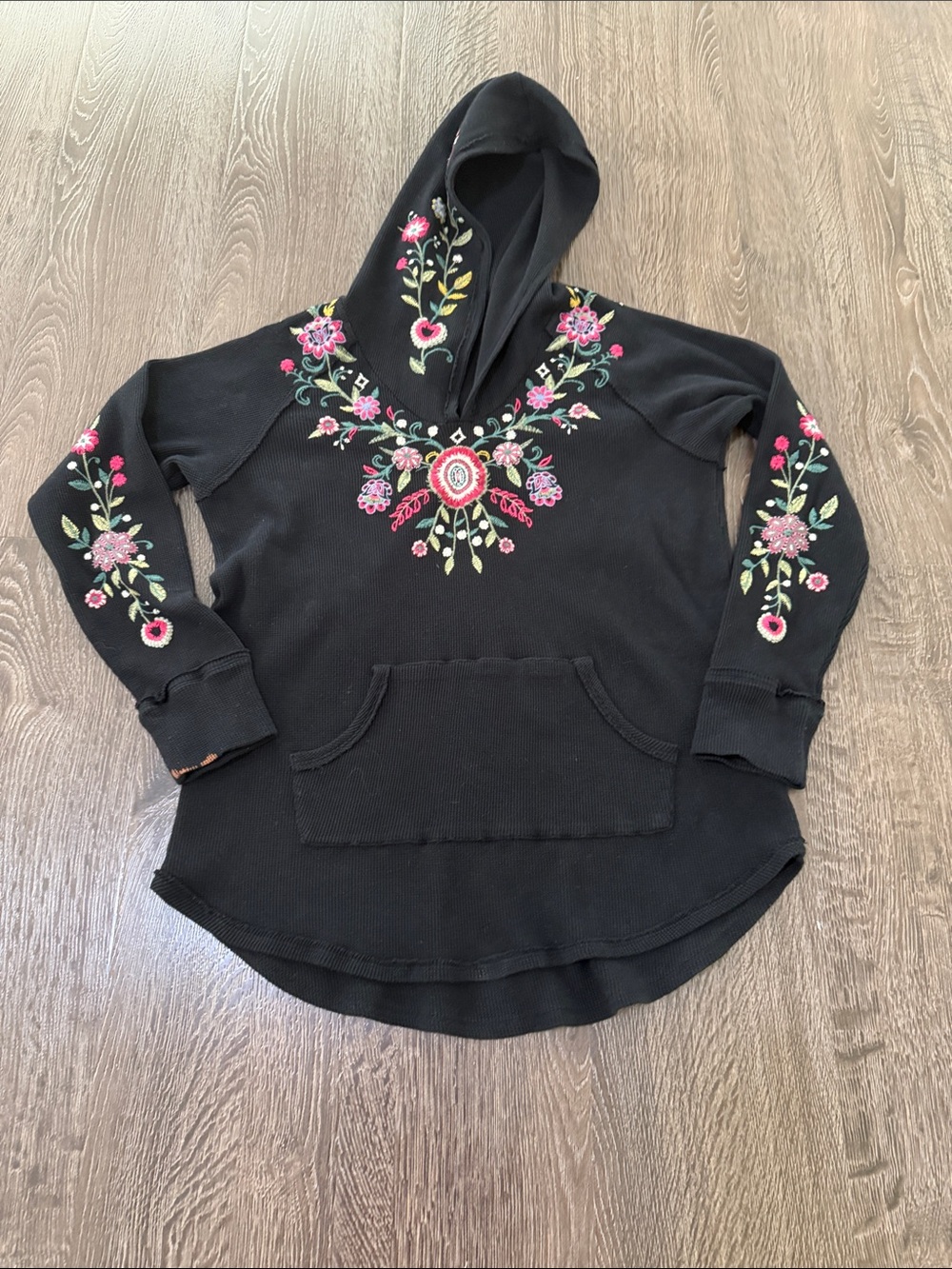 Johnny Was Black Thermal Embroidered Hoodie with Kangaroo Pocket